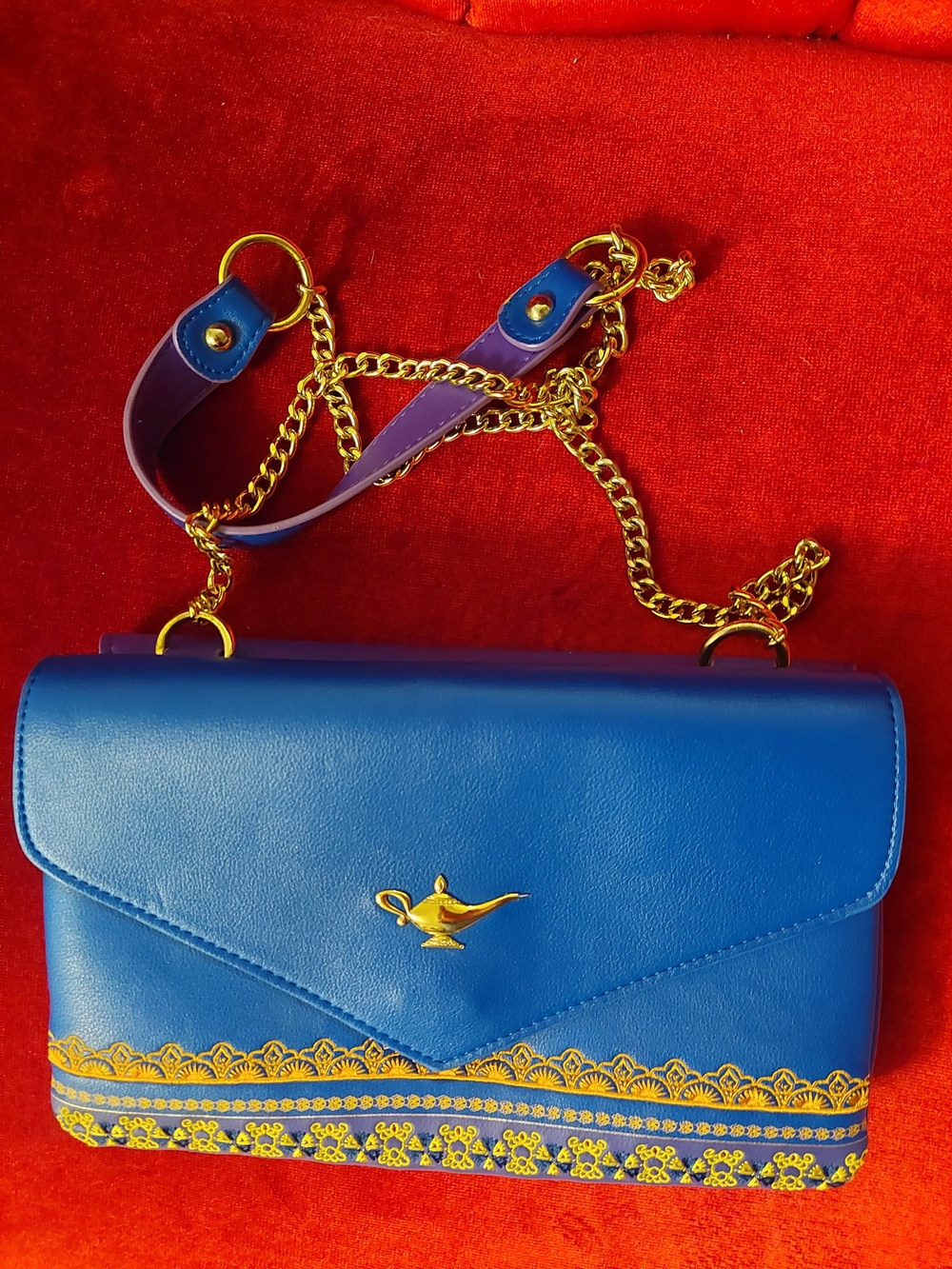 Disney Loungefly Blue Purple Aladdin Crossbody Bag with Gold Lamp Dome Accents